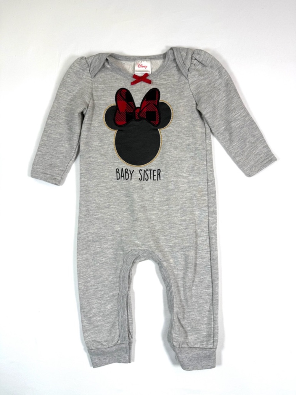 DISNEY Girls' Minnie Mouse "Baby Sister" Plaid Bow Applique Grey Romper Size 18M